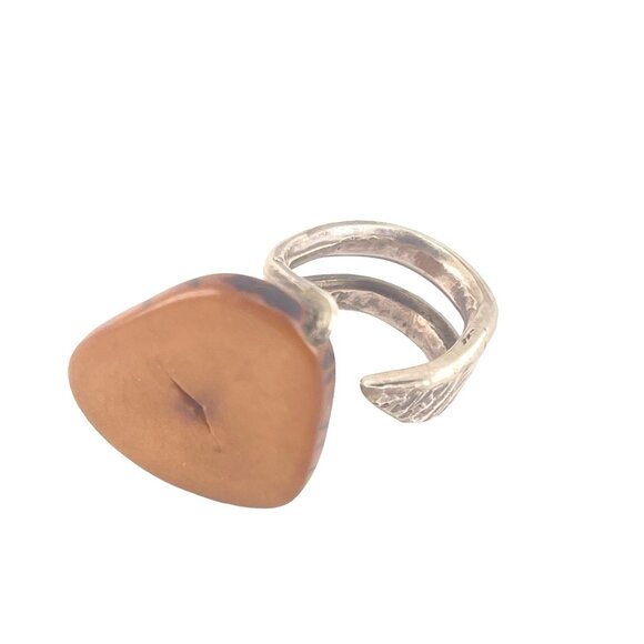 Handcrafted Silver Tone and Horn Adjustable Ring Unique - Picture 2 of 9